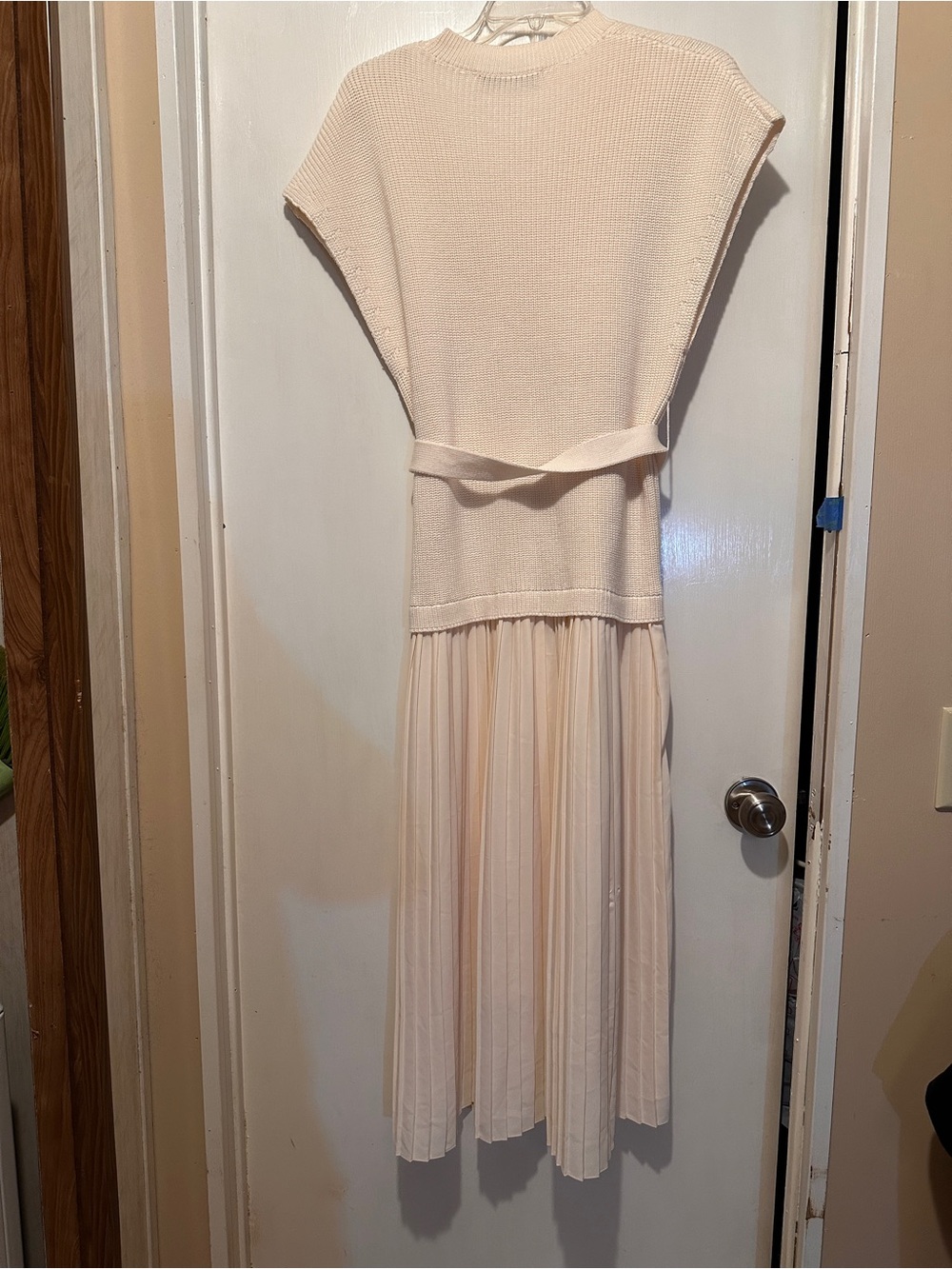 Zara Cream Knit Bodice Pleated Midi Dress